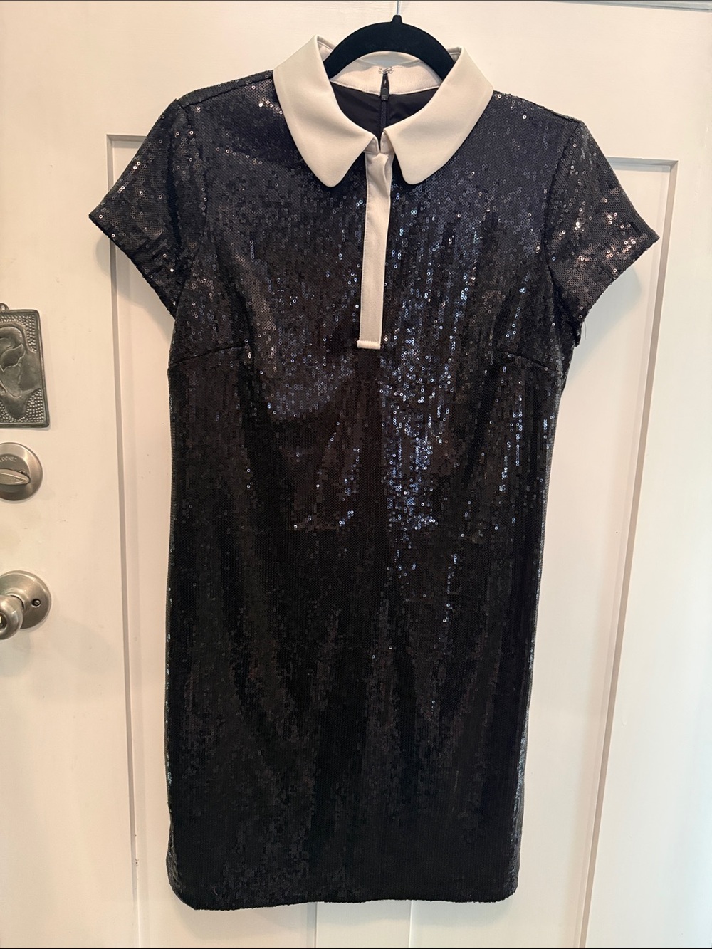 Wednesday Addams Sequin Shift Dress with White Collar
